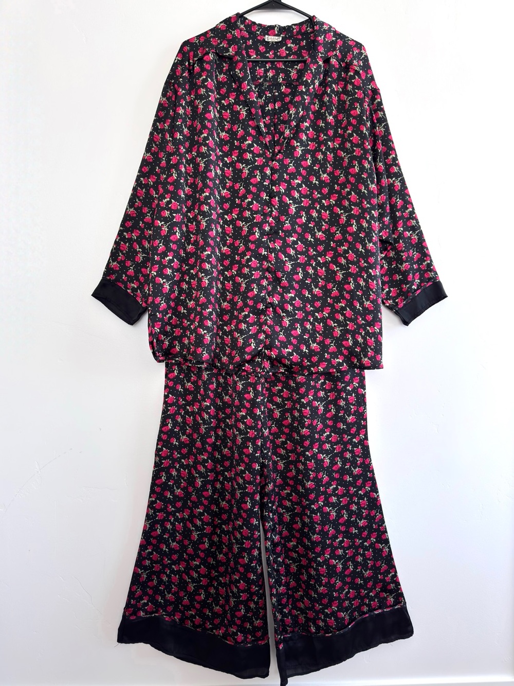 Free People Dreamy Days Satin Pajama Set Large Black Rose Floral Wide Leg Lounge